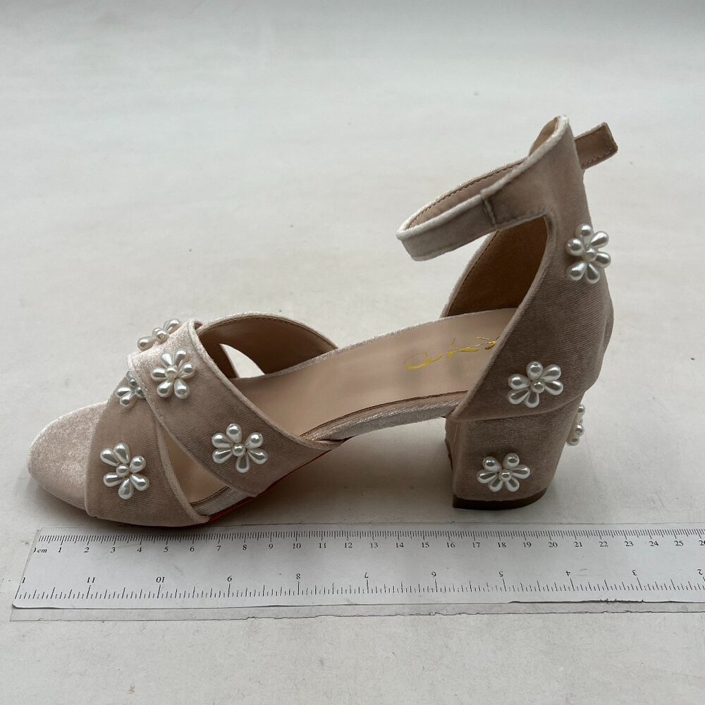 XYD Blush Pearl Flower Ankle-Strap Block Heel Sandals